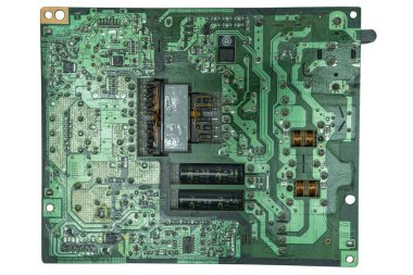 LCD TV 'nin çeviricisi olan modern güç kaynağı. Lehim tarafından görüntüle. Beyaz bir arkaplanda izole edilmiş.