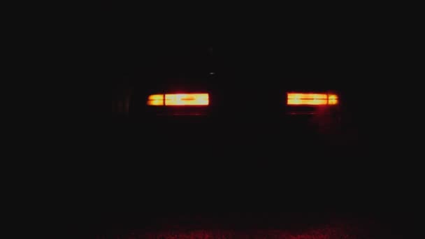 車は暗闇の中にあり 非常灯が点灯し 家の近くの駐車灯が点灯しています 光の雨が降っている — ストック動画