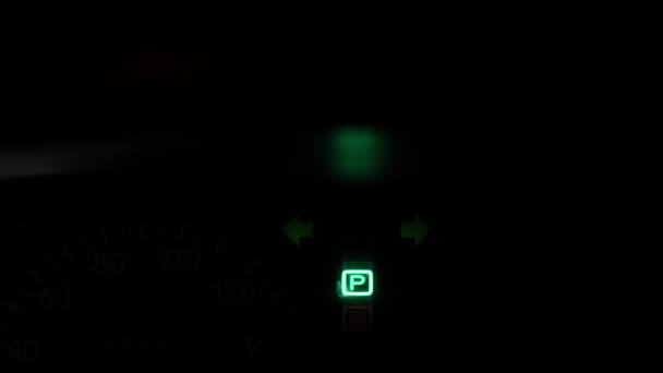 Dashboard Car Dark Flashing Green Emergency Light Close — Stock Video