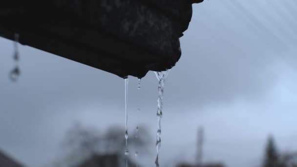 Aus Einer Metallrinne Fließen Zwei Ströme Regenwasser Vor Dem Hintergrund — Stockvideo