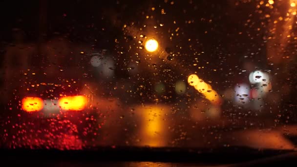 Night Street View Car Raining Streetlights Shining Traffic Lights Blinking — Wideo stockowe