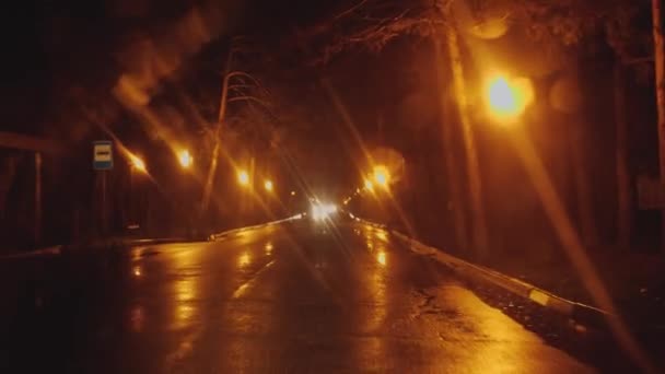 坐汽车在城里夜游 雨滴在挡风玻璃上 超过了即将到来的汽车 灯笼发黄 拖把在工作 — 图库视频影像