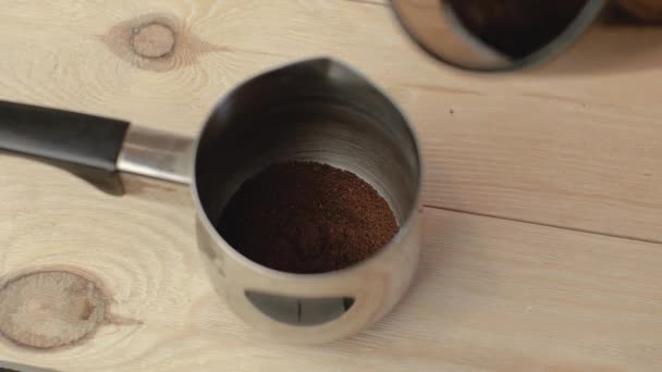 Pouring Water Jezva Freshly Ground Coffee Close — Stock Video