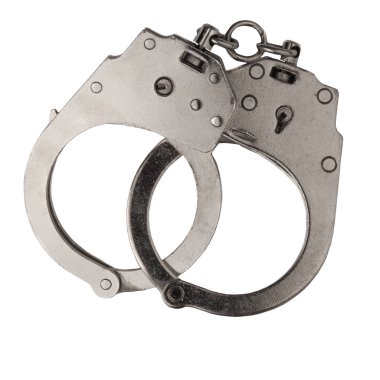 Birbirlerine bağlı kelepçeler beyaz bir arka planda izole edilmiş. Yakın plan.