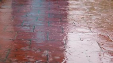 Yağmur damlaları kırmızı kaldırım levhalarına düşer. Bahar kötü hava