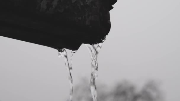 Železná Bouře Zblízka Vytékají Něj Dva Proudy Vody Pozadí Šedé — Stock video