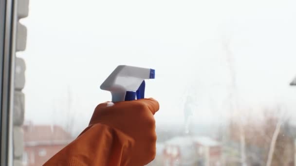オレンジの手袋の手は窓のガラスをきれいにスプレーする 接近中だ 掃除のコンセプト — ストック動画
