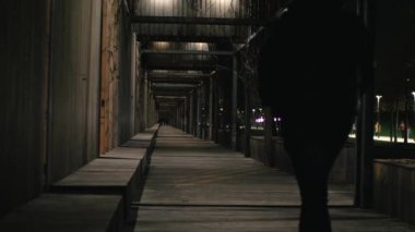 Mavi kotlu ve yeşil ceketli bir kız karanlık bir parkta yürüyor. Çerçeveye giriyor, duruyor, kaputunu takıyor ve yoluna devam ediyor. Arka planda fenerler yanıyor ve insanlar yürüyorlar.