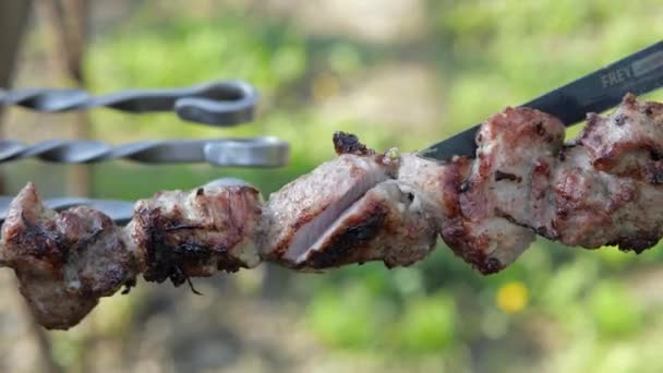 Τηγανητά Κομμάτια Κρέατος Κόβονται Μαχαίρι Μπορείτε Δείτε Χυμό Που Στάζει — Αρχείο Βίντεο