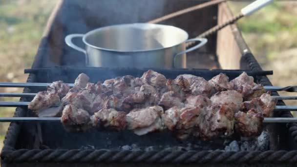 Mięso Jest Smażone Domowym Grillu Dym Popiół Powstają Węgla Tle — Wideo stockowe