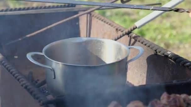 Köttet Som Just Har Stekt Kolen Tas Bort Från Spetten — Stockvideo