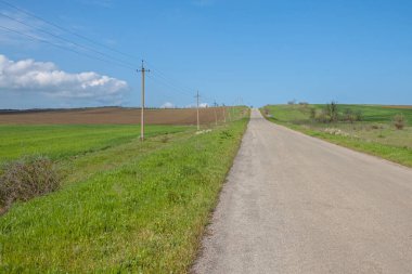 Asfalt yol, sabana bulanmış ve yeşil bir tarla ile sınırlıdır. Arka plan mavi gökyüzü ve bulutlar. Yol boyunca elektrik direkleri var. Kırsal alan kavramı