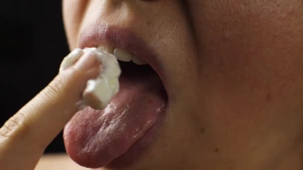 Close Woman Licking Her Finger Cream Side View Front View — 图库视频影像