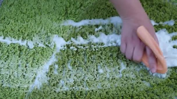 Washing Green Carpet Hand Brush Woman Hand Rubs Carpet Foam — Stock Video