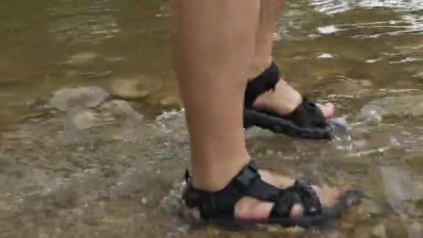 Woman Skirt Black Sandals Wades Small Mountain River Mountain Walking — Stock Video