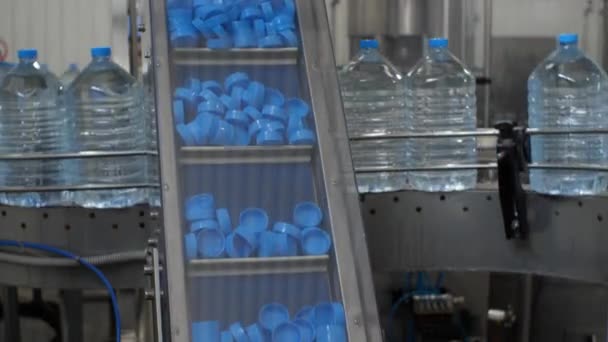 蓝色塑料盖子在传送带上被提起 在这个背景下 五公升的水瓶沿着生产线移动 工厂矿泉水的生产 — 图库视频影像