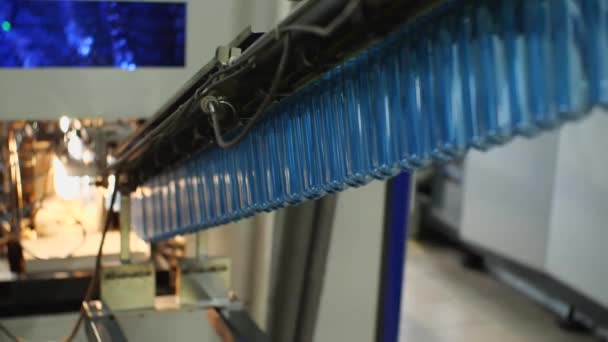 Las Preformas Plásticas Azules Envían Largo Del Transportador Máquina Soplado — Vídeos de Stock