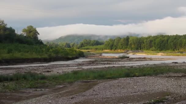 Berg Flod Med Lerigt Vatten Bakgrunden Bergen Dimma Och Skog — Stockvideo