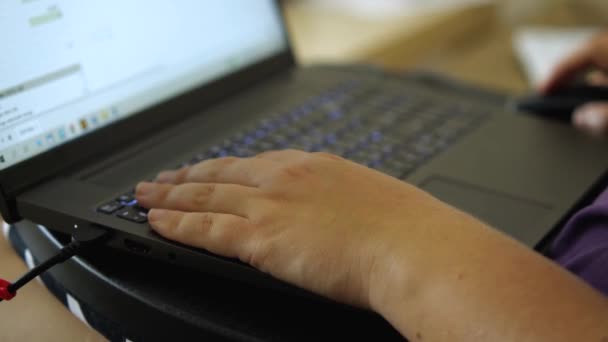 Kobieta Pracująca Domu Nad Laptopem Zbliżenie Ręki Klawiaturze Druga Ręka — Wideo stockowe