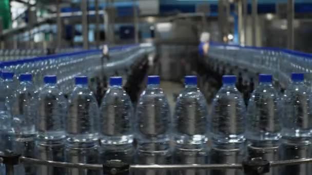 Μπουκάλια Καθαρού Πόσιμου Νερού Κινούνται Πάνω Ιμάντα Μεταφοράς Παραγωγή Μεταλλικού — Αρχείο Βίντεο