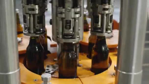 Processen Att Skruva Fast Korken Glasflaskor Butik För Produktion Mineralvatten — Stockvideo