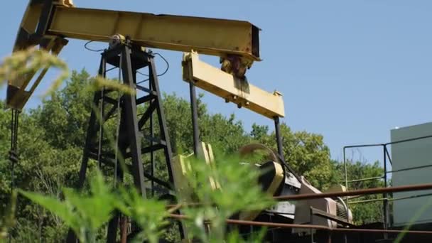 油田抽油泵工作的特写镜头 摄像机从右到左穿过草坪 底部的观点 石油生产的概念 — 图库视频影像