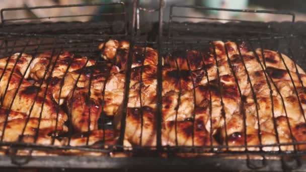 Primer Plano Carne Pollo Asada Una Parrilla Una Parrilla Carbón — Vídeo de stock