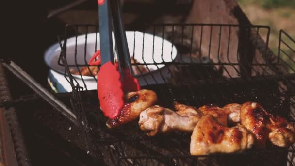 Matlagning tång ta grillade kyckling vingar från grillen och lägga dem i pannan. Läckert kycklingkött tillagat på grillen — Stockvideo