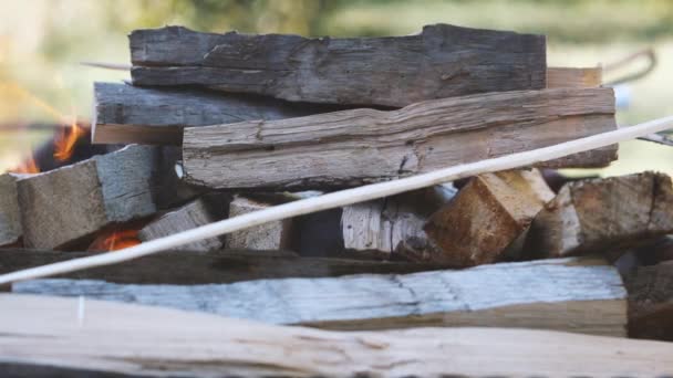 Een Gehakte Stapel Brandhout Ligt Vuurhaard Achtergrond Verschijnen Close Ups — Stockvideo