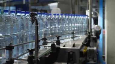 Konveyör boyunca 1,5 litre su taşıyan şişeler hareket ediyor. Gıda endüstrisi fabrikasında maden suyu üretimi