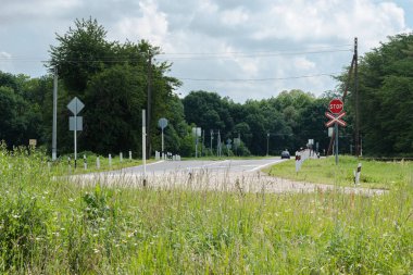 Asfalt yolu ve demiryolu kavşağı. Arka plandaki ormanda, bulutlu çimenler ve gökyüzü. Yolda dur işareti ve kavşak var. Kırsal alan