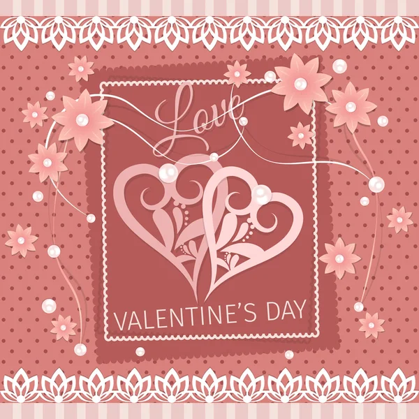 ------ Valentine's day background in scrapbook style with flowers, pearls, laces and paper hearts — Stock Vector