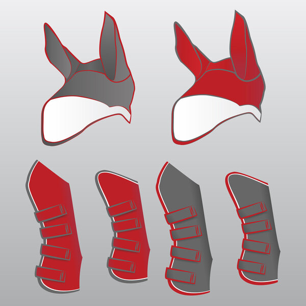 Mock ups of protective boots and fly hats for equipment horse in red and grey colors