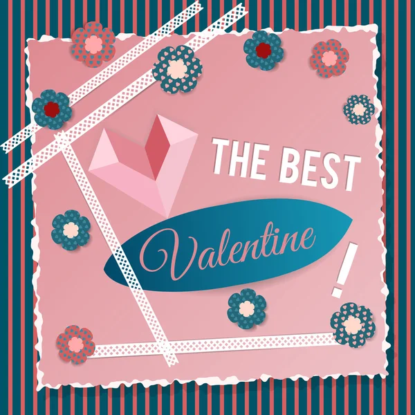 Cartão postal do Dia dos Namorados em estilo scrapbook com flores, cadarços e coração de papel — Vetor de Stock