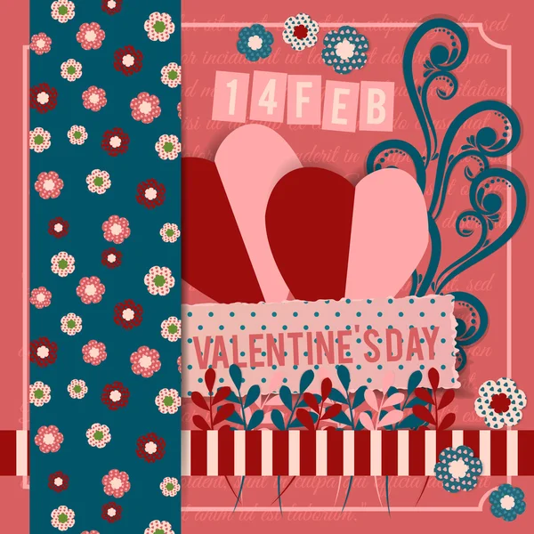 Valentine's Day scrapbook postcard background in vintage colors with decorative elements — Stock Vector