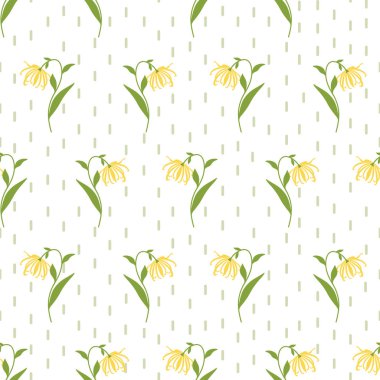 Ylang Ylang ya da Cananga Çiçek Dalları ve El Çizilmiş Dikey İnce Kısa Çizgiler ile Çiçeksiz Vektör Deseni. Beyaz Arkaplanda Sarı ve Yeşil Çiçek Elementleri.