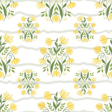 Ylang Ylang Çiçekleri, Buds, Dalları ve Yaprakları Yatay Çizgilerle Kusursuz Blok Yazdırma Deseni.