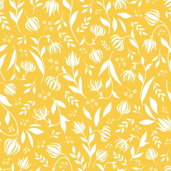 Floral Seamless Pattern with Vector Ylang Ylang Flowers, Buds, Branches and Leaves. White Silhouettes on Yellow Color Background. — Stock Vector