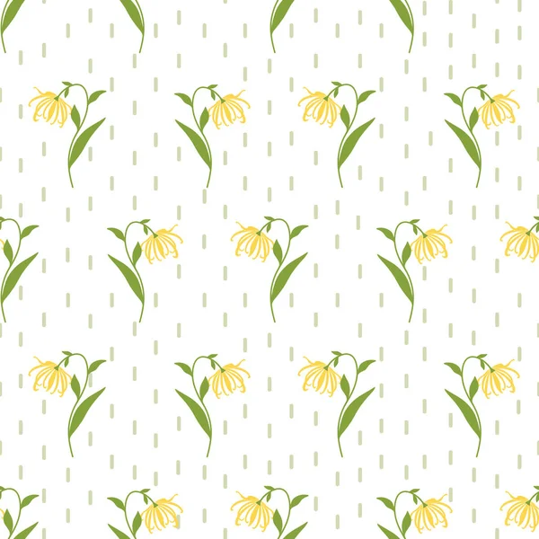 Floral Seamless διάνυσμα Μοτίβο με Ylang Ylang ή Cananga Flower Branches και χέρι Σχεδιασμένο κάθετα λεπτές γραμμές. Κίτρινα και πράσινα Floral στοιχεία σε λευκό φόντο. — Διανυσματικό Αρχείο