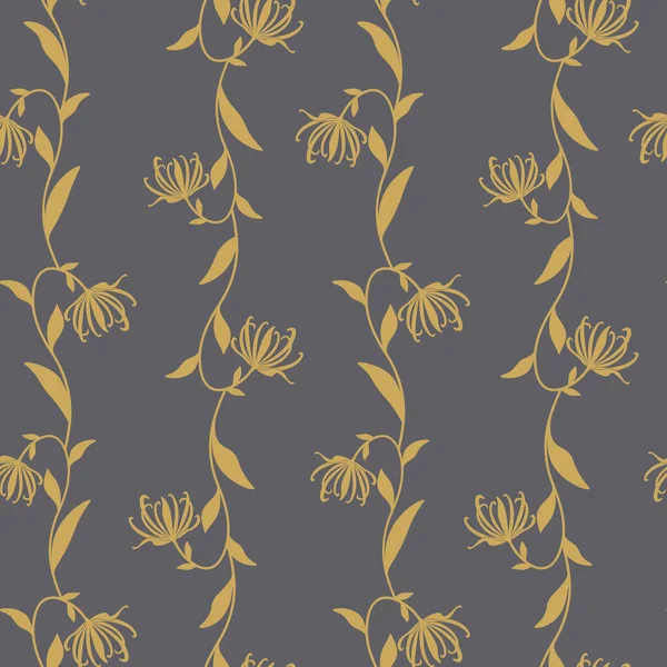 Απρόσκοπτη κάθετη λωρίδα μοτίβο με Ylang Ylang υποκαταστήματα. Χρυσές λουλουδάτες ρίγες σε γκρι φόντο. — Διανυσματικό Αρχείο