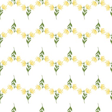 Ylang Ylang ya da Cananga Ağaç Dalları 'ndaki kusursuz Chevron Vektör Deseni. Beyaz Arkaplanda Sarı, Yeşil Çiçek Dalları.