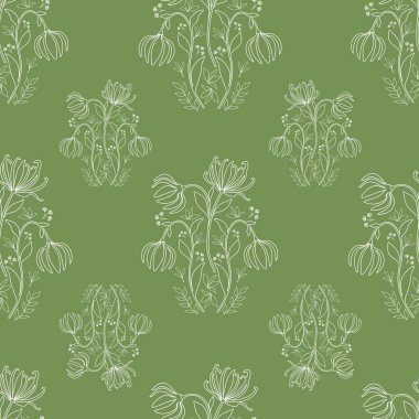 Ylang Ylang Çiçekleri, Tomurcuklar, Dallar ve Yapraklar Çizgisi ile Kusursuz Blok Yazdırma Deseni