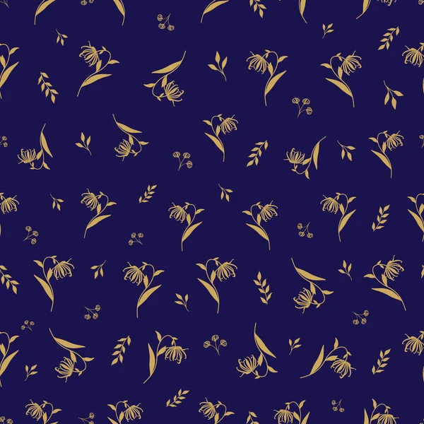 Floral Seamless Pattern με χρυσό Ylang Ylang ή Cananga λουλούδια, μπουμπούκια και φύλλα στο φόντο Violet — Διανυσματικό Αρχείο