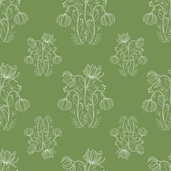 Seamless Block Print Pattern with Lineart of Ylang Ylang Flowers, Buds, Branches and Leaves - Stok Vektor