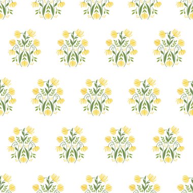 Ylang-Ylang Çiçekleri, Buds, Dalları ve Yaprakları ile Kusursuz Blok Yazdırma Deseni.