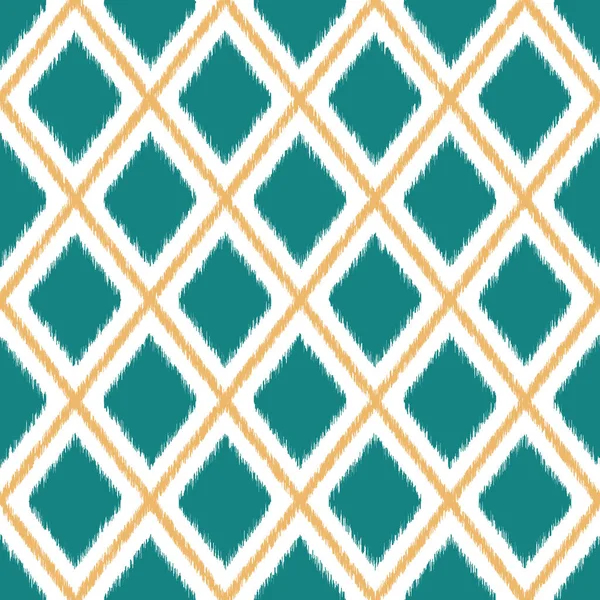 Ikat Diamond patrón a cuadros sin costura. Patrón geométrico vectorial con colores amarillo, verde azulado y blanco — Vector de stock