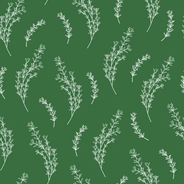 Μοτίβο χωρίς ραφή με θυμάρι Sprigs και κλαδιά γραμμή τέχνης σε πράσινο φόντο — Διανυσματικό Αρχείο