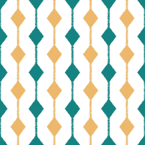 Ikat rayé motif sans couture avec des lignes et des formes de diamant. Sarcelle, rayures jaunes sur fond blanc — Image vectorielle