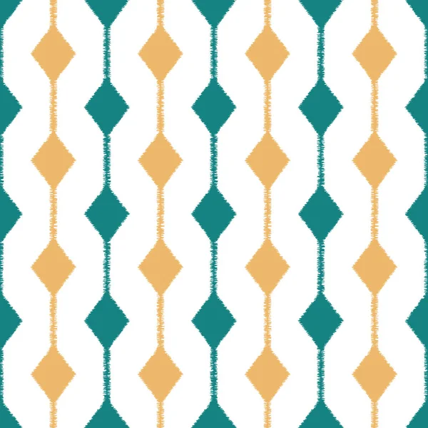 Ikat rayas patrón sin costura con líneas y formas de diamante. Teal, rayas amarillas sobre fondo blanco — Vector de stock