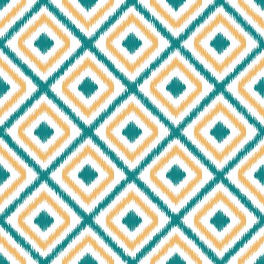 Teal ile Ikat Kumaş Biçimine dayalı Geometrik Kusursuz Desen, Beyaz Arkaplanda Sarı Çapraz Kare Şekilleri.